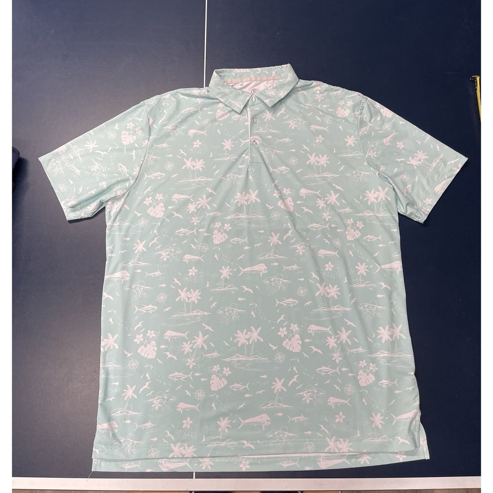 Scales Gear Mens 2XL Fishing Polo Shirt Blue/White Island AOP Tropical